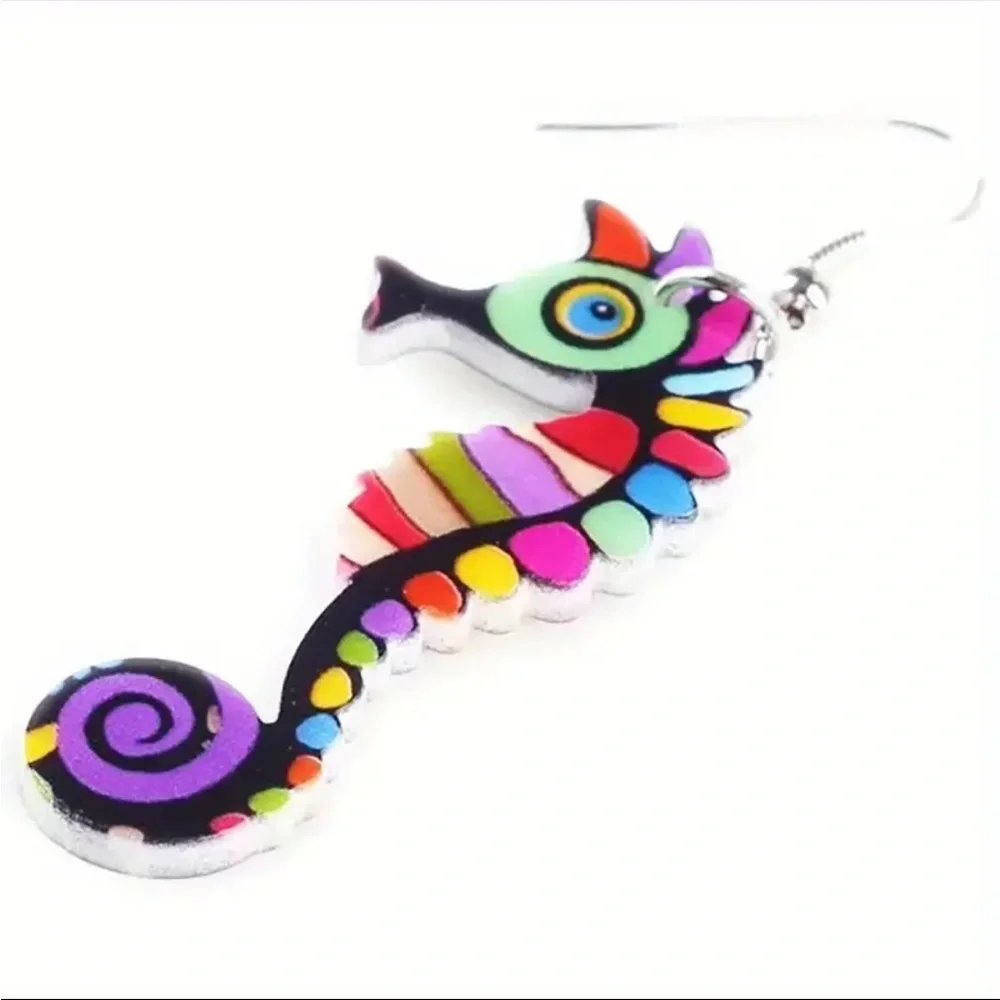 Cute Colorful Seahorse Design Dangle Earrings Bohemian Ocean Style‎ Acrylic